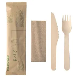 Papstar 50 Bestecksets Holz in Papierbeutel natur beige