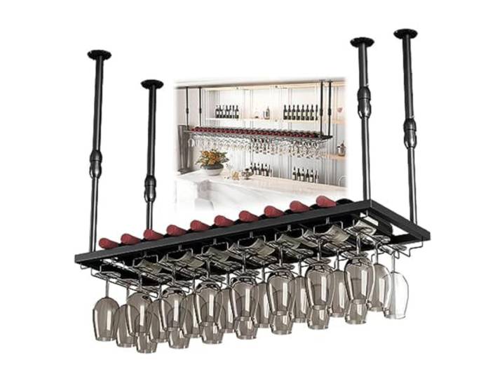 OOPDNEGAK Decken-Weinregal – Schwebende Hängeregale – Platzsparende Aufbewahrungsregale Küche Und Esszimmer – Decken-Hängebar-Weinregal – Verstellbares Glasregal Stielgläser(B,120x30CM)