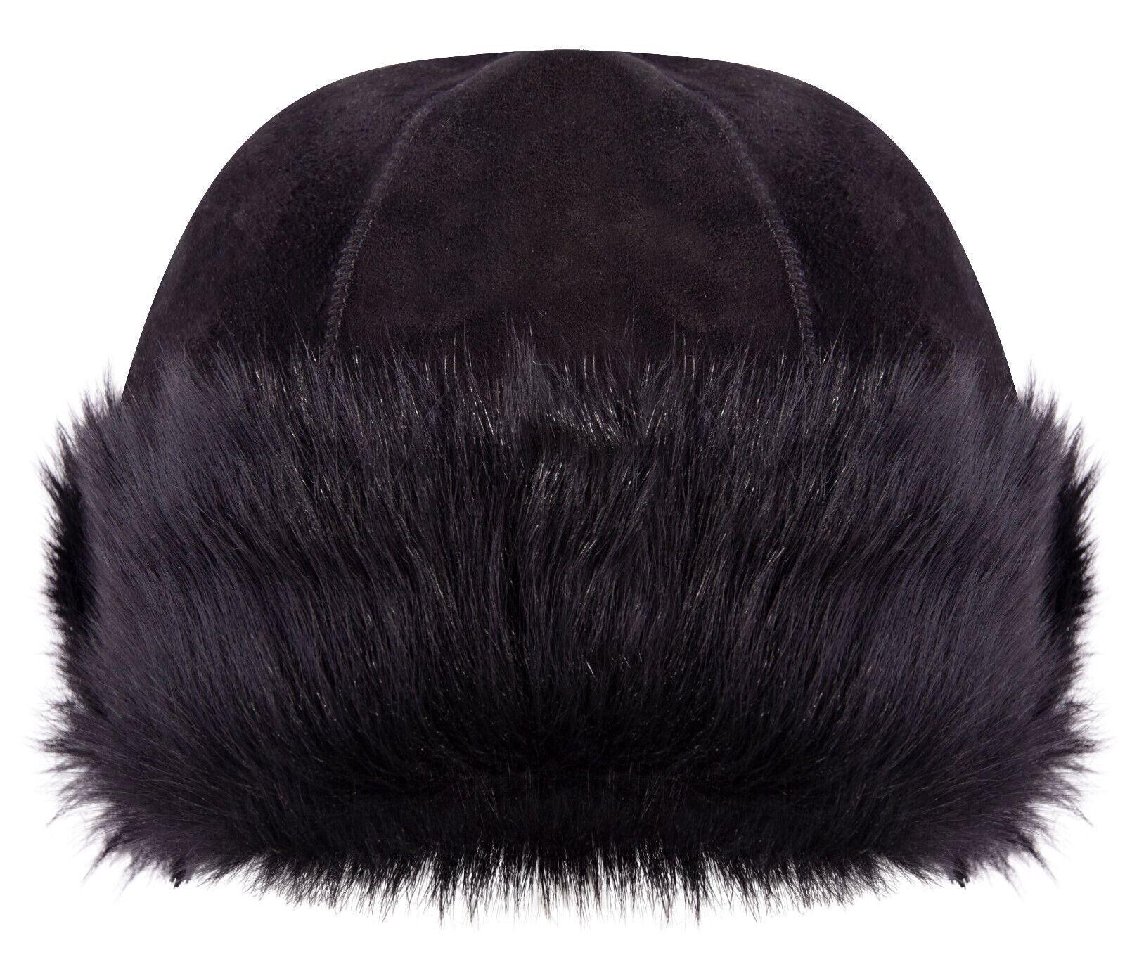 SCHWARZE 100 % Schaffell-Shearling-Leder-Toscana-Fell-Mütze, runder Fischerhut