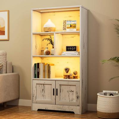 Garvee Modern White 3-Tier Bookcase w/ Doors & LED Lights
