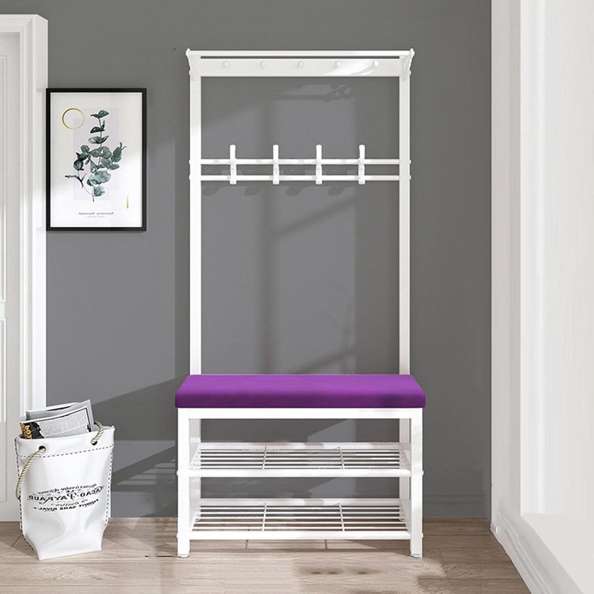 Halboom Entree Kapstok met Bank in Industriële Stijl - Paars - Hoogte: 181 cm