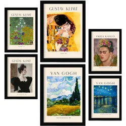 POSTER Set Mit 6 Frida Klimt Van Gogh Malergalerie A3 & A4 Schwarzer Rahmen
