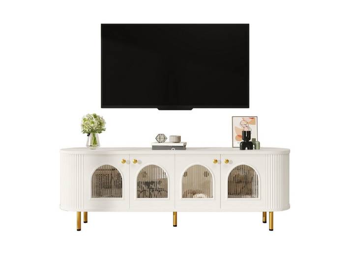 Refined Living TV-Schrank Lowboard mit Glastüren,Goldene Griffe, Beine,Fernsehtisch mit Stauraum (170L x 35B x 55 H(cm), Fernsehschrank modern, TV-Möbel, TV-Board, Medienmöbel, mit 4 Glastüren, Glastüren mit Lichtreflexionen, Wellenstruktur, 1-St., sicheres Design, Praktische Kabelführung, Geräumiger Stauraum) für Wohnzimmer, Schlafzimmer, Büros, Heimkinos