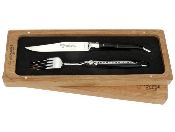 Laguiole en Aubrac Steakbesteck 1CF99BUI, 1 Messer / 1 Gabel - Griff Büffelhorn - Stahl glänzend