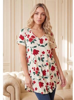 Plus Size Women's Plus Size Ultra Drape V-Neck Swing Tunic Top by Roaman's in Ivory Lilly Floral (Size 12) Short Sleeve V-Neck Shirt