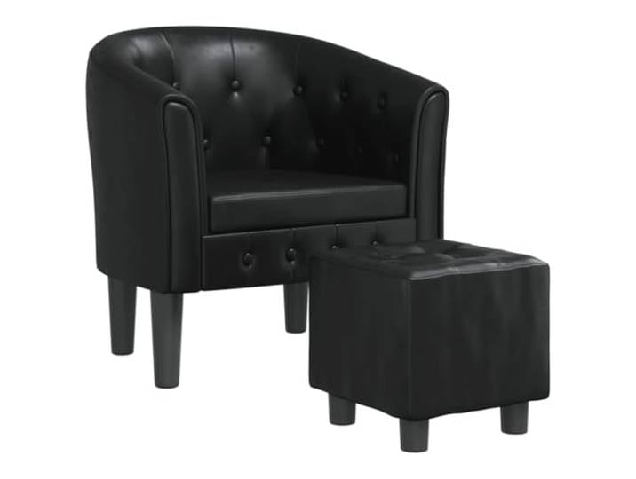 Clubsessel mit Fußhocker Schwarz Kunstleder Knopfheftung, PU-Leder, Sperrholz und Kiefernholz, max. 110 kg pro Sitzplatz