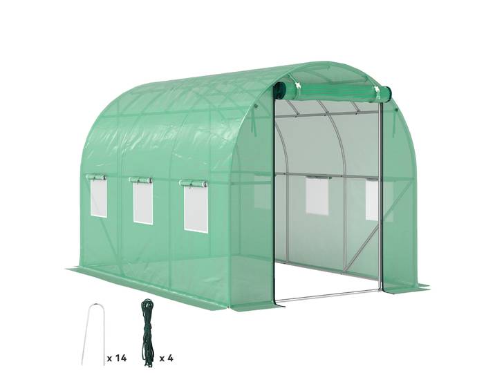 Outsunny Serre de jardin 6 m², serre tunnel de jardin 3 x 2 x 2 m avec porte enroulable et 6 fenêtres en maille, serre en acier galvanisé et PE haute densité 170 g/m², résistante aux UV, vert