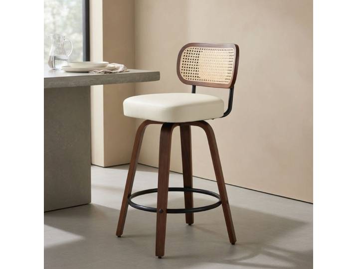 CollaHausse Lot de 3 Tabourets Bar Rotin Osier 66cm Noyer Beige Pivotants