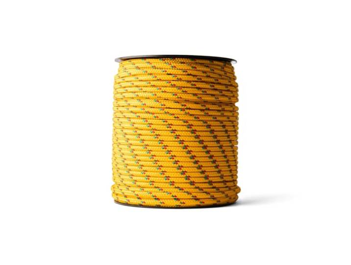 SNURO Polypropyleen touw (4mm, 100M, geel met rood en groen) - Gevlochten lichtgewicht allround touw voor buiten, survival en tuin - Breekkracht 245kg