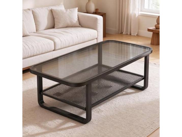 YHTCSXMD 2-Ebenen Couchtisch, Couchtisch Glas für Wohnzimmer Carbonstahlrahmen, gehärtetes Riffelglas, offene Ablage; Wohnzimmer, kleine Räume