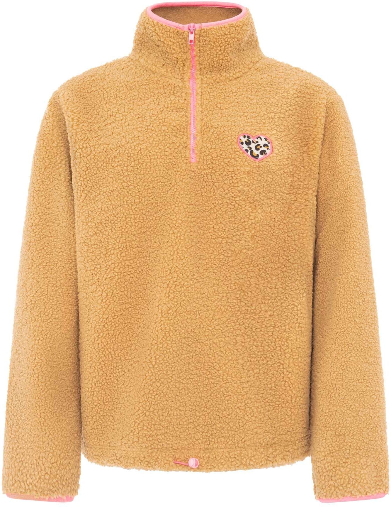 Troyer ZWILLINGSHERZ "Leo Patch", Damen, Gr. XL, beige (mittelbeige), Obermaterial: 100% Polyester, Pullover Troyer, Stehkragen und Zipper, Leo-Herz-Patch, Stehkragen mittelbeige XL