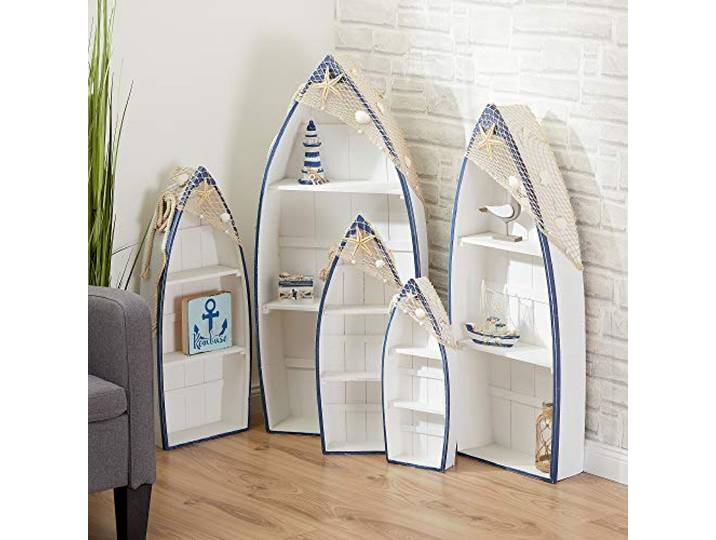 5er Set Regal Ruderboot Wohnzimmerregal weiß/blau inkl. Netz + Muscheln