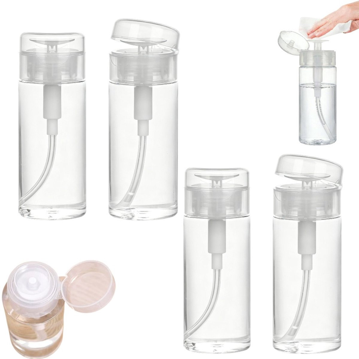 Set van 4 transparante navulbare plastic pompflacons voor vloeistoffen en nagelreiniger