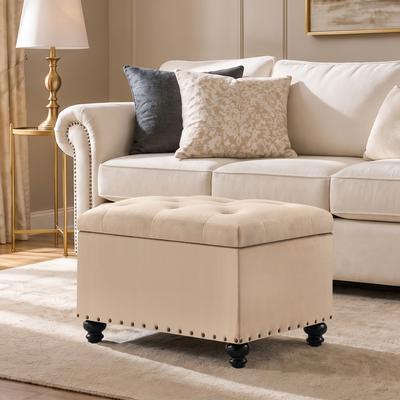 HUIMO Tufted Storage Ottoman Bench, Rectangular Footstool, Small Ottoman with Storage, Upholstered Button Tufted Ottoman Foot Rest