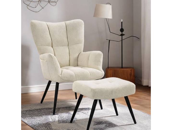 Fauteuil relax en peluche beige avec repose-pieds dossier haut 57 cm poche - Beige Peluche Teddy (100 polyester) 78 x 68 x