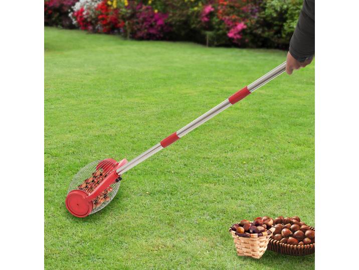 Ramasseur de noix sans courbure - Ramasseur de noix à poignée réglable, capacité de 30 kg, avec orifice de décharge latéral pour noix/balles de golf (avec sac de rangement)