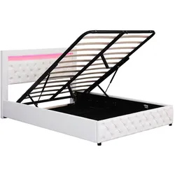 Merax LED Hydraulisches Polsterbett 140x200 Stauraumbett Doppelbett aus Kunstleder mit Lattenrost Weiß