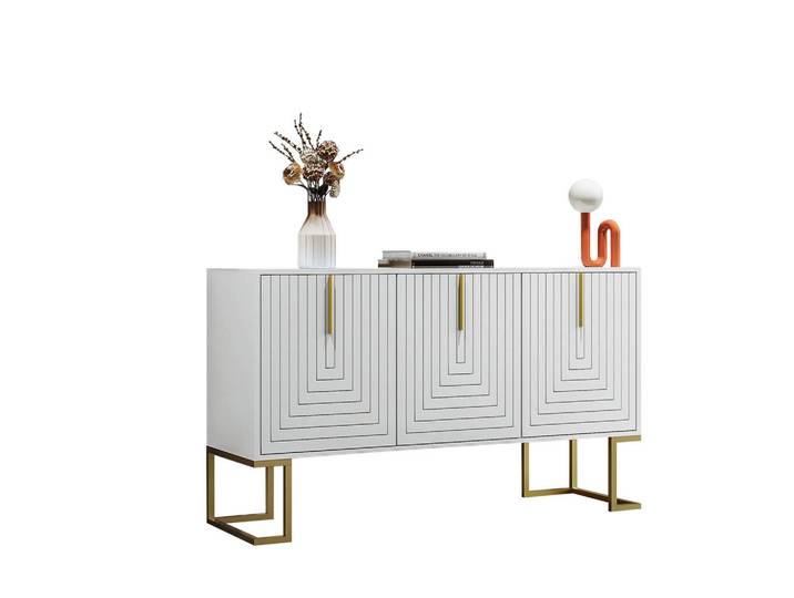 Okwish Sideboard weiß aus MDF mit 3 Türen und verstellbaren Regalen, Weiß, 40x80.5x138 cm, Kleinmöbel, Kommoden, Sideboards