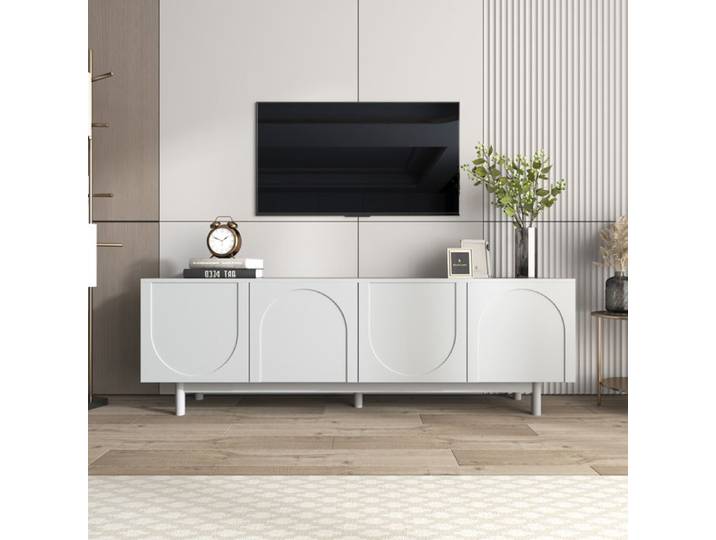 Meuble TV Moderne Armoire TV 4 Portes Structurées Léger de luxe Design Sobre 175x38x56cm Blanc