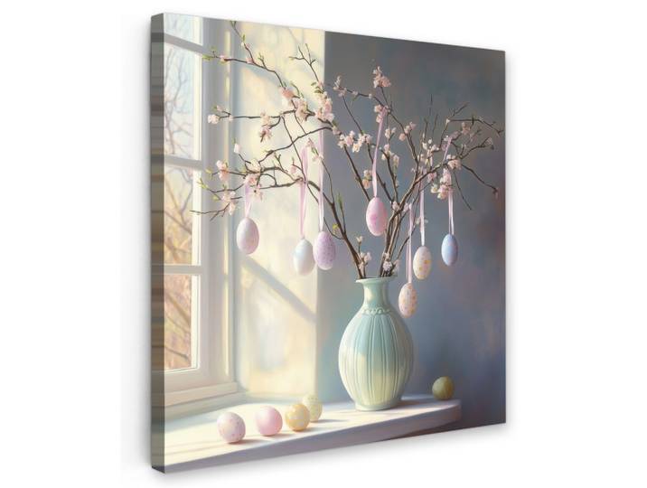 LEINWANDBILD Stillleben - Vase - Osterzweig Wandbild Wohnzimmer 50x50 cm