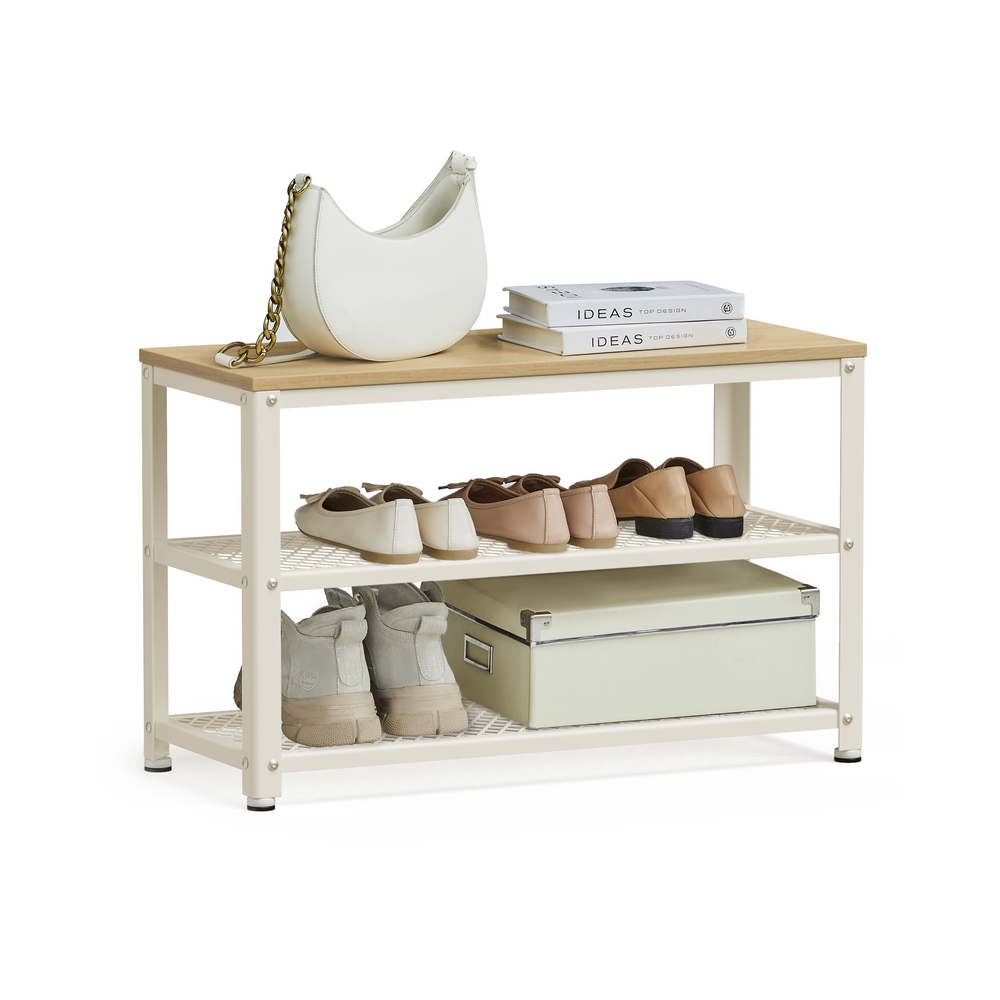 VASAGLE Schuhbank mit 2 Gitterablagen eichenbeige-klassikweiß LBS073W09