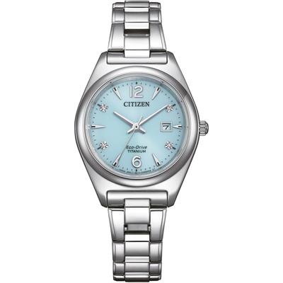 Solaruhr CITIZEN, silber (titansilberfarben, hellblau), Armbanduhren, Damen, Armbanduhr, Damenuhr, Titan, Datum, Saphirglas