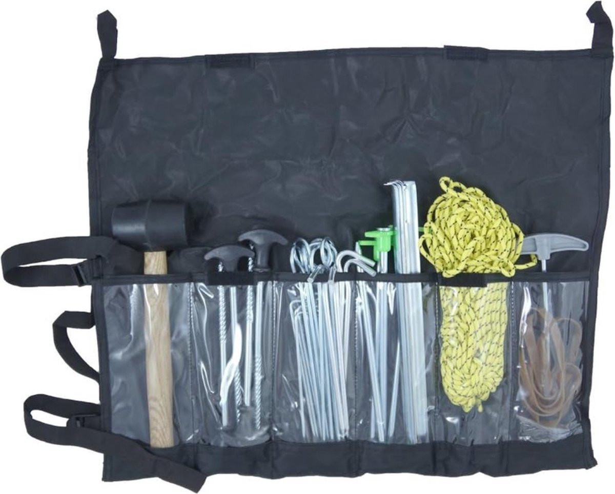 Tent accessoires set met tenthamer, zandharingen, aluminium haringen, schroefharingen en valse bodemharingen