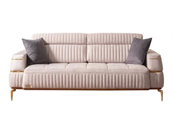 Xlmoebel 3-Sitzer Beiges weiches 3-Sitzer-Sofa goldene Füße Stoff Designer modern, 1 Teile