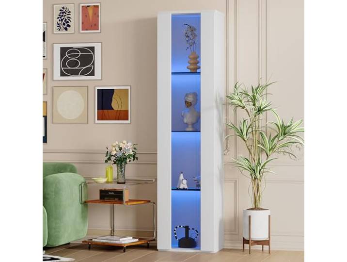 BTM Glasvitrine Weiß Acrylplatte LED Vitrine Schmal Standvitrine Wohnzimmer