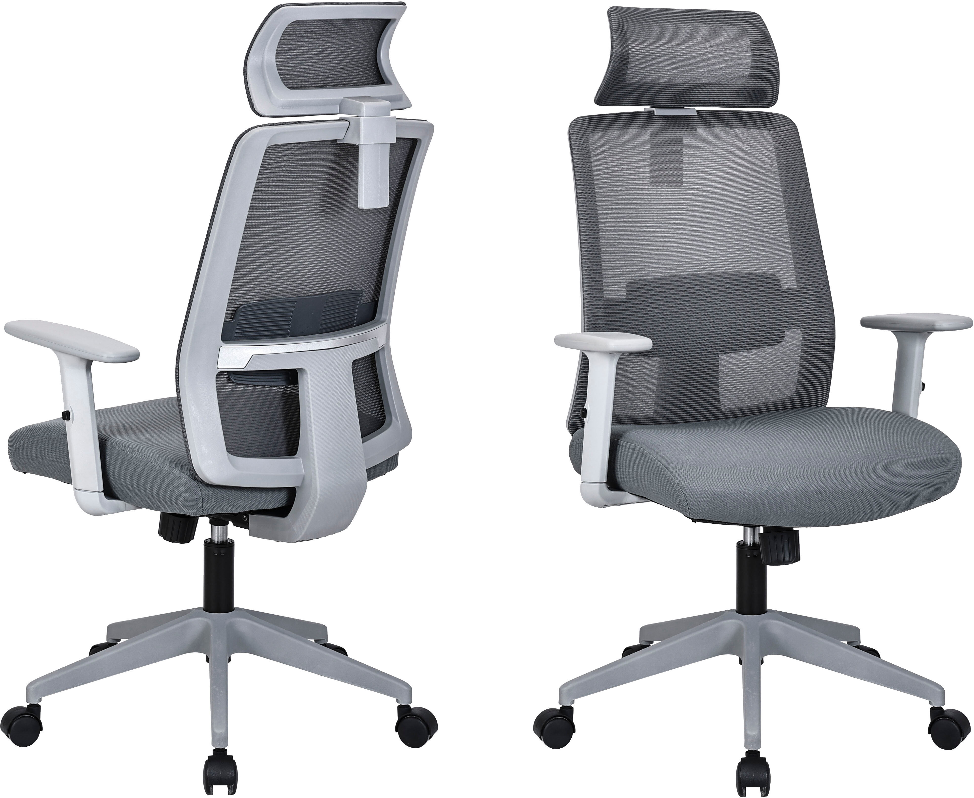 Bürostuhl GOODPRODUCT "Tallard, Mesh Schreibtischstuhl, ergonomische Ausstattung", grau, grau, B:68cm H:114cm T:68cm, Stühle, Bürostuhl, verstellbare Kopfstütze, Lumbalstütze & Armlehnen grau, grau B/H/T: 68cm x 114cm x 68cm, Netzstoff