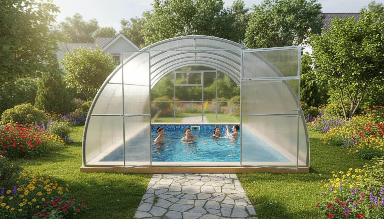 Poolabdeckung "Mirella" von Garten Dream. 3.5x12M mit 4mm polycarbonate Ganzjährige Nutzung. Schnee- und winddicht. Türen auf jeder Seite. Rostschutz