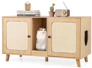 Costway 43 Inches Cat Litter Box Enclosure with Double Rooms and 2 Sisal Scratching Mats-Natural