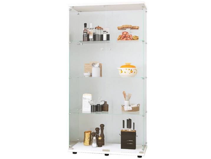 FUROKOY Glasvitrine Standvitrine, Modern Glas Vitrinenschrank (4 Lagen Glasvitrine mit 2 Glastür, Sammlervitrine, für Sammlerstücke Bücher Wein,ohne Licht, weiß)