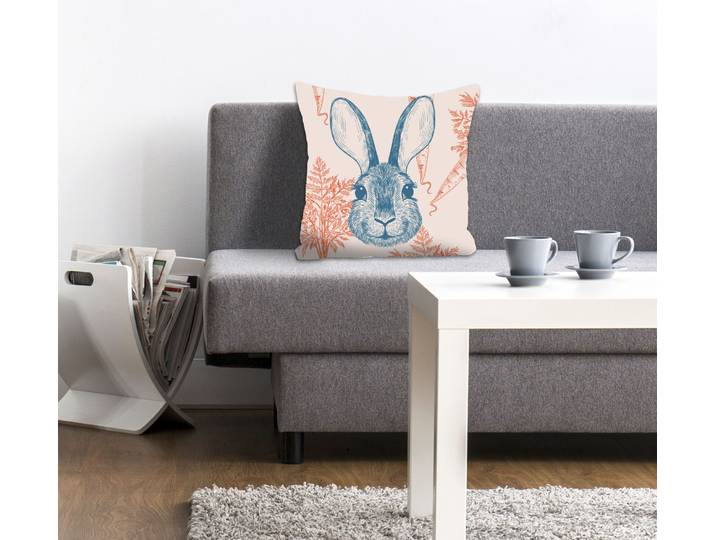 Dekokissen QUEENCE Putu , orange (orange, blau, bedruckt), B:40cm L:40cm, Polyester, Dekokissen_Sitzkissen_Kissenhüllen, Dekokissen, mit einem freundlichen Häschen