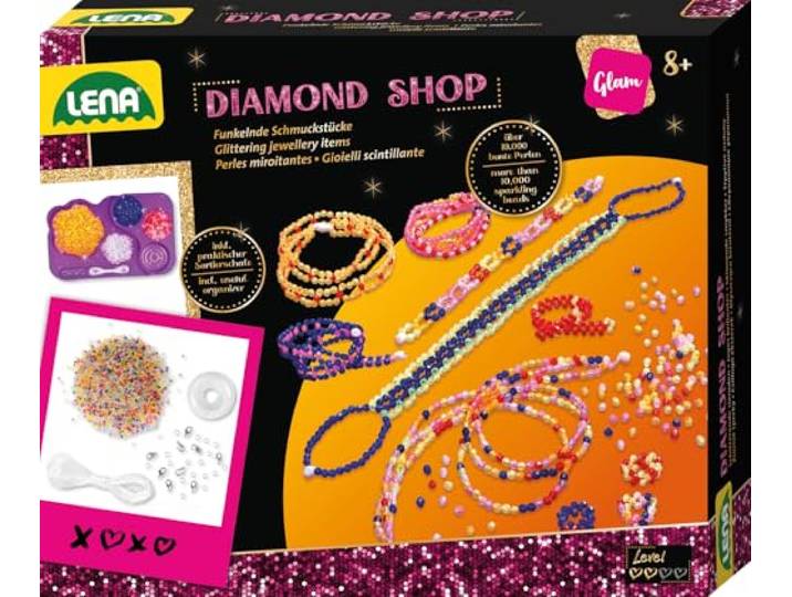 Lena SIMM Spielwaren 42304 – Bastelset Diamond Shop groß, mit 10.000 Fädelperlen, elastischen Fäden, Sortierschale & Anleitung, Schmuckset für Kinder ab 8 Jahren zum Basteln von Schmuck