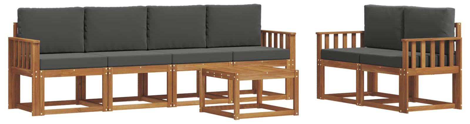 Modulare Outdoor-Sofagarnitur, 7-teilig, für Garten & Terrasse, aus massivem Akazienholz, 6 Sitzplätze, Natur & Anthrazit