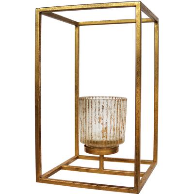 Teelichthalter CREATIV DECO "Weihnachtsdeko", gold (goldfarben), B:18cm H:30cm T:18cm, Metall, Kerzenhalter, Teelichthalter, Glas mit Reliefstruktur