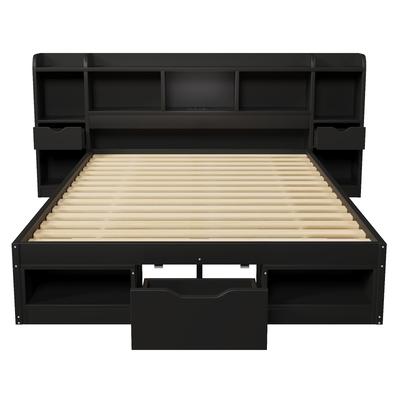 STILVORA Plattformbettgestell MDF/Sperrholz Schwarz 222x210x85 cm mit Stauraum und LED-Beleuchtung