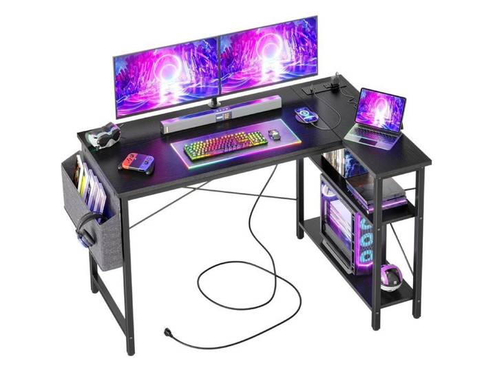 Bureau d'angle L réversible 120x70 cm multiprise intégrée rangements finition noir style industriel idéal télétravail