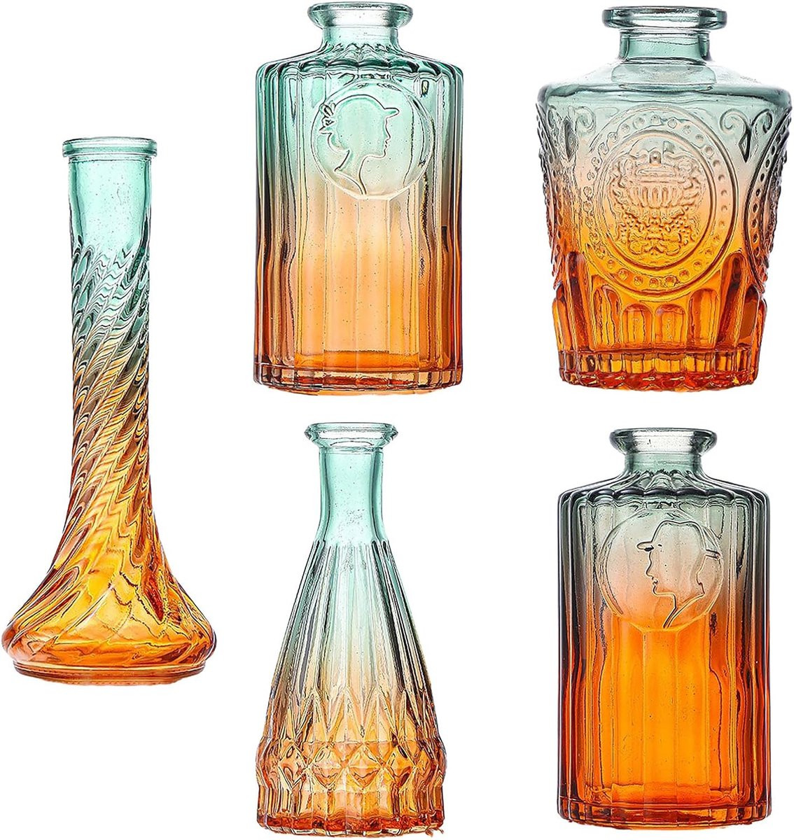 Set van 5 kleine oranje glazen vazen voor huisdecoratie