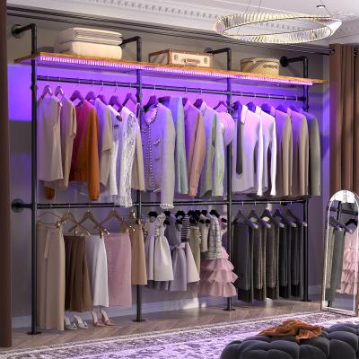 Rackcog Industrial Pipe Clothing Rack, Reversible 118.3'' Garment Rack with LED Lights& Shelves for Walk-in Closet