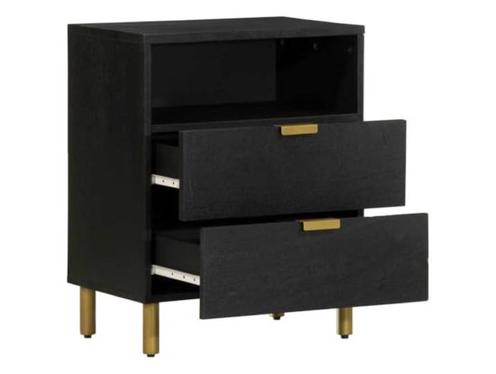 KFGWERSTY Nachttisch Schwarz 50 x 33 x 62 cm mit 2 Schubladen Holzwerkstoff Mango-Massivholz, Messing, 10 cm Beinhöhe, feuchtigkeitsbeständig, fürs Schlafzimmer, platzsparend, Holzwerkstoff