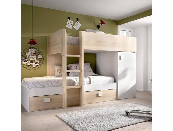Dmora - Schlafzimmer Marmolada, Komplettes Schlafzimmer, Etagenbettkomposition mit Zwei Einzelbetten, 255x112h150 cm, Weiß und Eiche