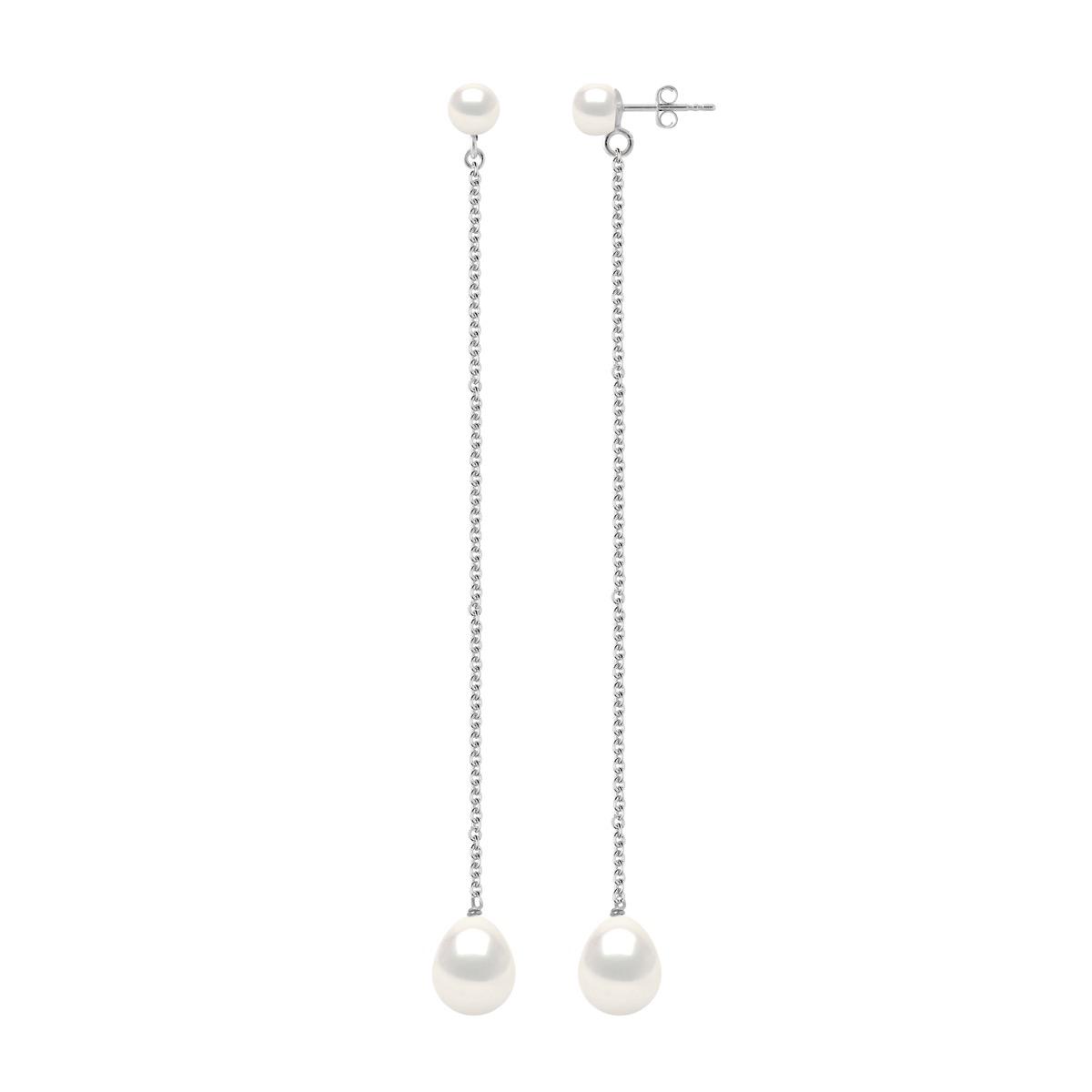 Doppelte Ohrringe aus Weißgold – echte Süßwasser-Zuchtperlen, Knopf 5–6 mm + Birne 8–9 mm