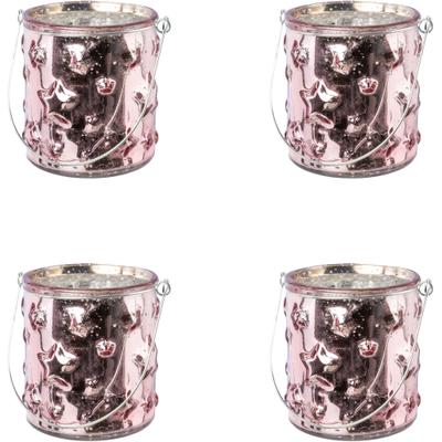 Windlicht CREATIV DECO "Weihnachtsdeko", rosa, H:10cm Ø:6,5cm, Glas, Kerzenhalter, Windlicht, Glas mit Stern-Struktur