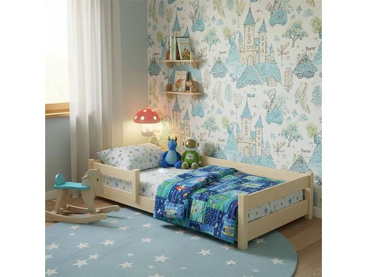 Lit Enfant Bas NORDI 60x120 cm – Bois Naturel Structure Basse Barrières de Sécurité