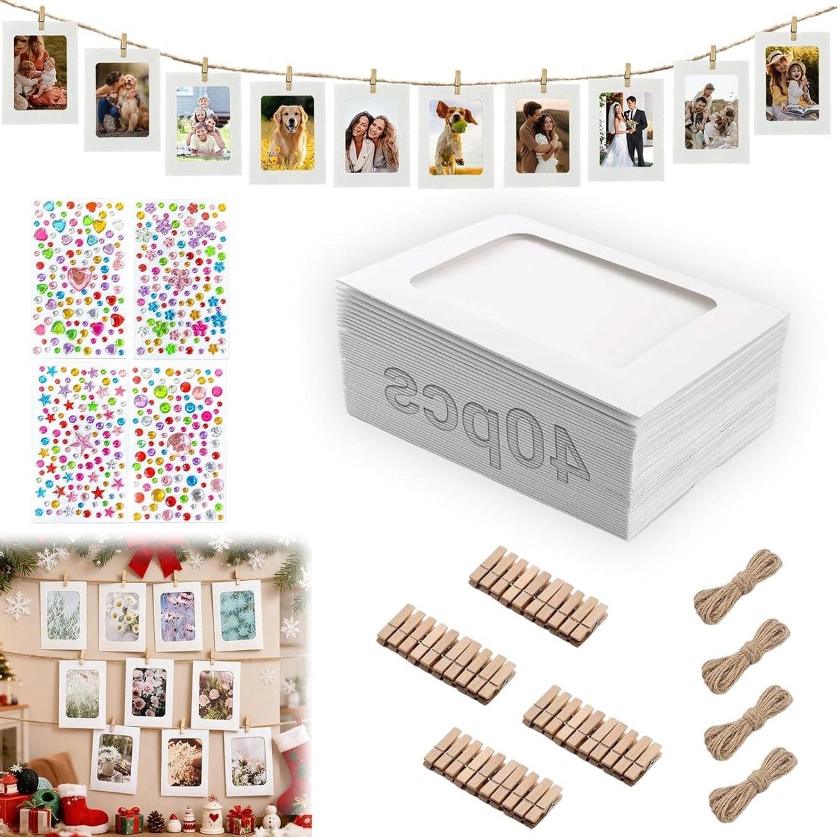 Fotogirlande Set met Glitterstenen en Kraft Papier voor Muurdecoratie - 40 Stuks