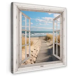 LEINWANDBILD Fenster - Meer - Küste - Natur - Ausblick - Strand - Wattenmeer Deko Groß 90x90 cm