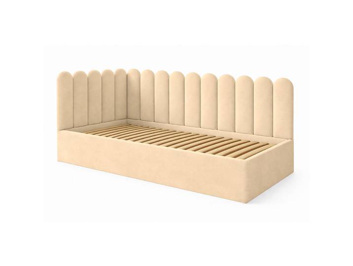 Ravio Jugendbett Junior Creme Samtvelours mit Wandpaneelen - 80x200 cm - Bettkasten, L-Form, 80x200 cm, Babymöbel & Kindermöbel, Kinderzimmer & Jugendzimmer, Kinderbetten, Kinderbetten & Jugendbetten