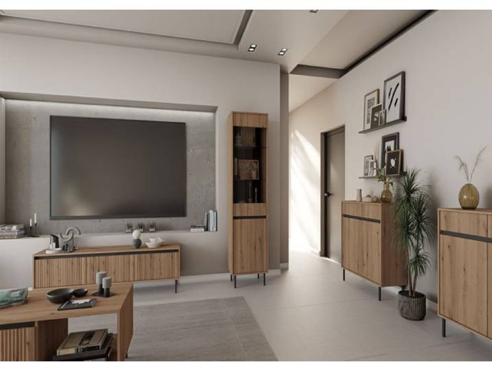 Meuble TV 3 tiroirs avec pieds noir - OSAKA - 179 cm - chêne evoke